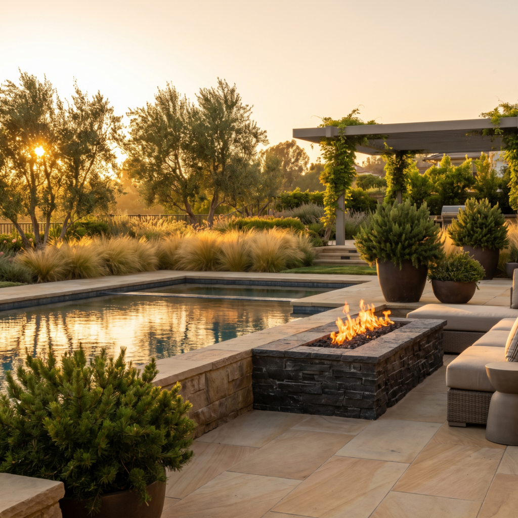 Luxury San Diego backyard with evergreen planting, stone decking and a fire feature glowing in golden hour light