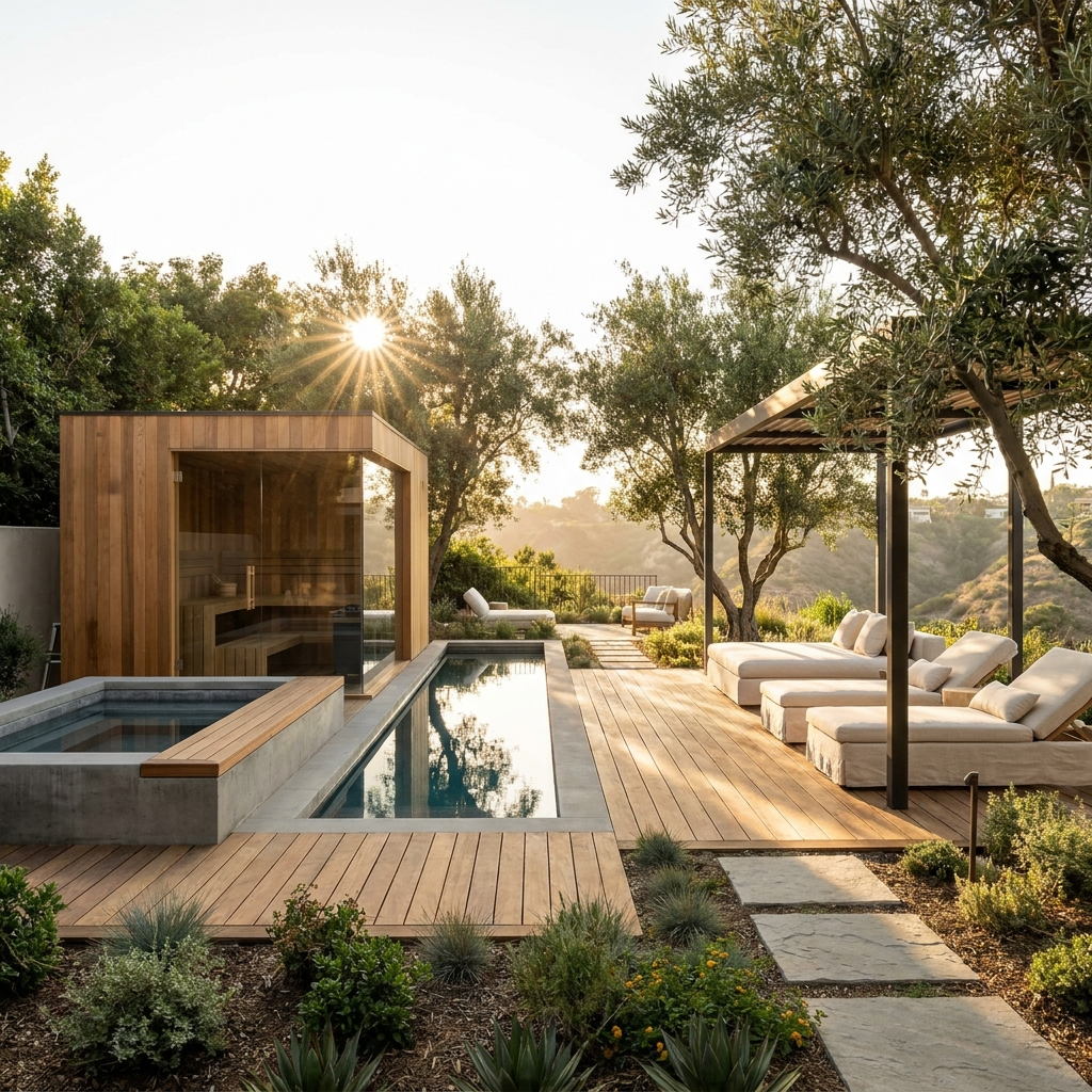 Cedar sauna and cold plunge beside a quiet reflecting pool in a luxury San Diego backyard