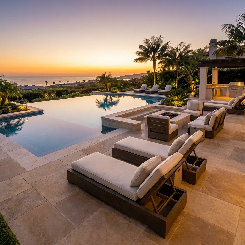 Resort-style luxury pool and backyard by a San Diego pool builder at golden hour