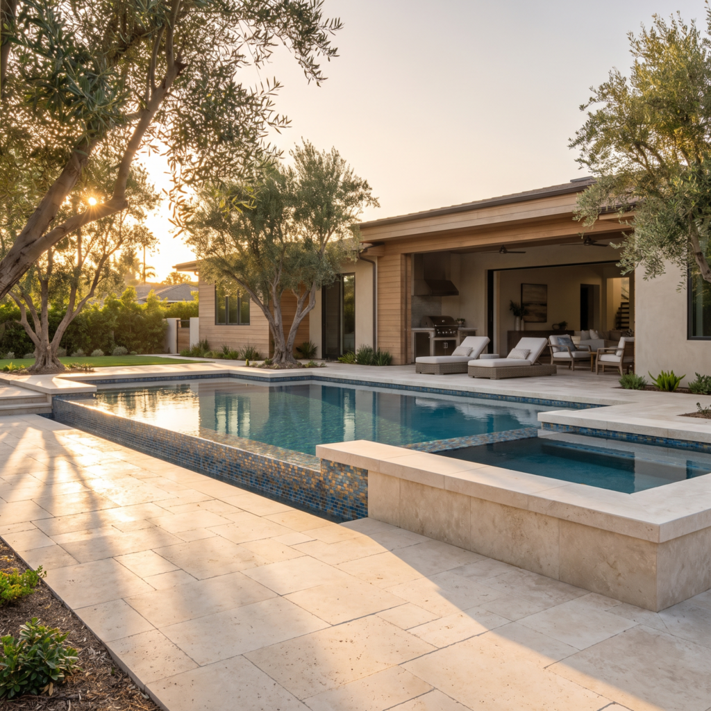 Resort-style custom pool and raised spa in a San Diego backyard at golden hour