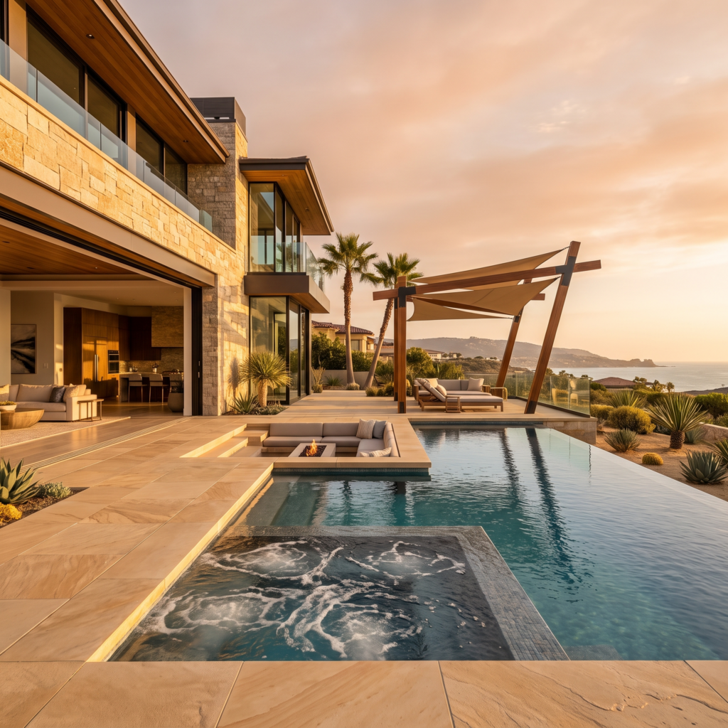 Resort-style San Diego backyard where the pool, deck, fire feature and shade structure were designed and built as one unified space at golden hour