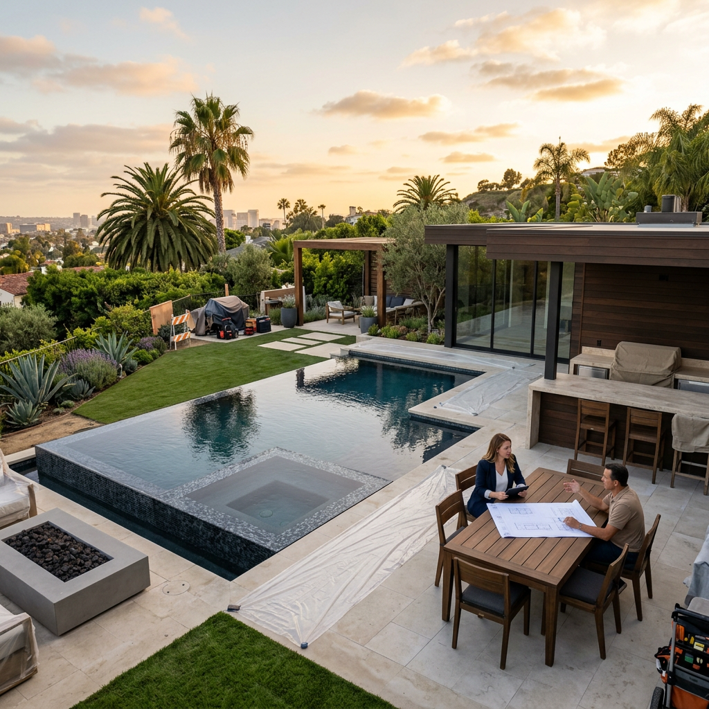 Luxury San Diego backyard nearing completion during the Everlasting design-build process