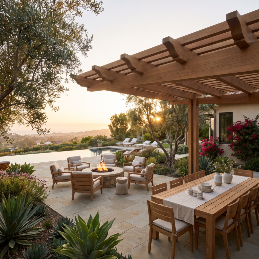 Luxury San Diego backyard lounge and dining terrace with shade structure and fire feature at golden hour