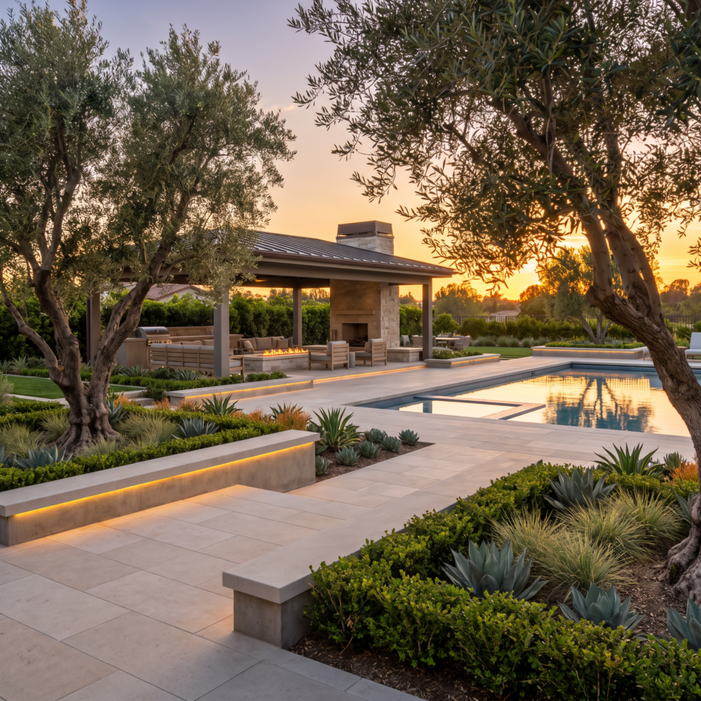 Resort-style San Diego backyard landscape design with sculpted planting beds and stone hardscape at golden hour