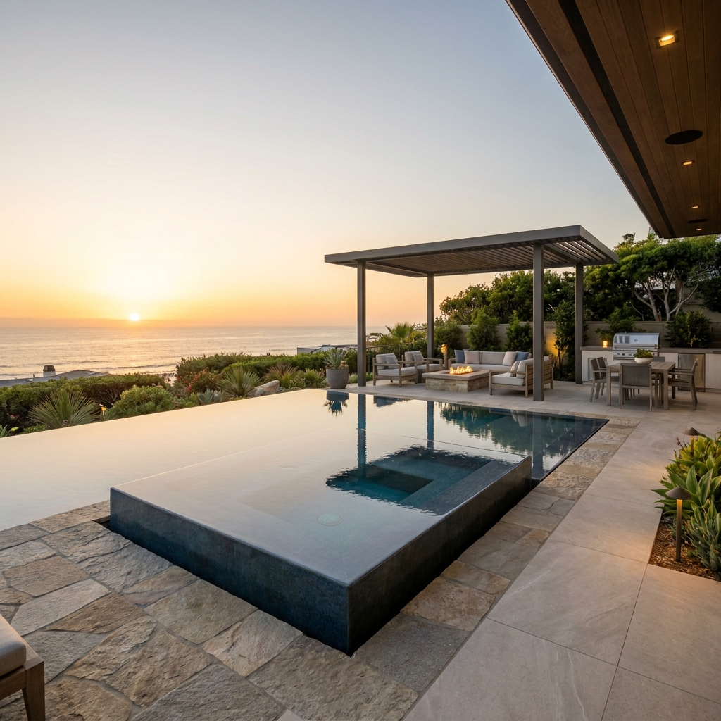 Luxury La Jolla coastal backyard with a resort-style pool overlooking the Pacific Ocean at golden hour