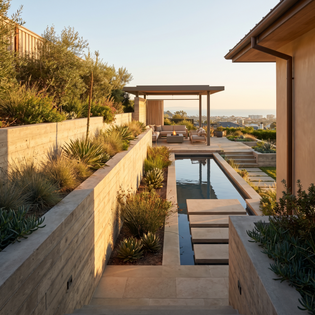 Terraced luxury San Diego backyard landscape with layered drought tolerant planting and a linear water feature