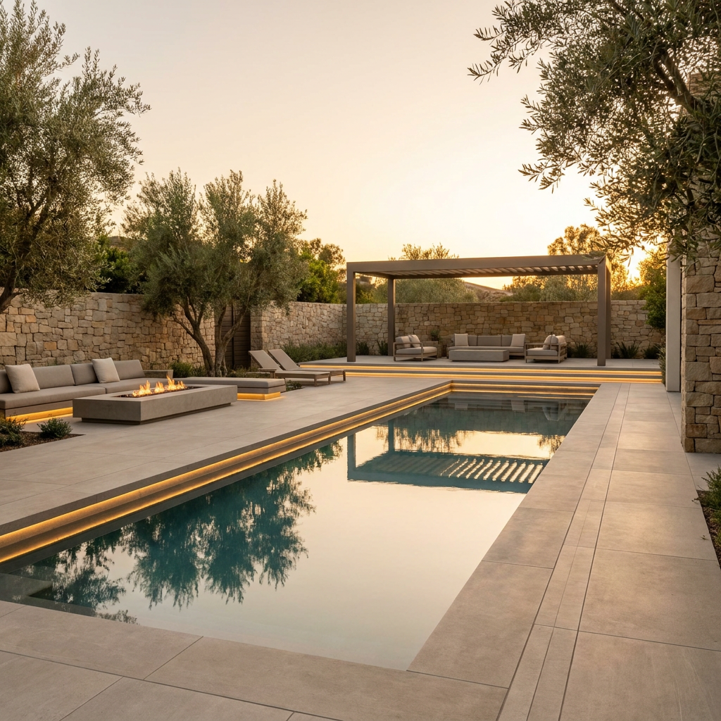 Refined San Diego backyard with an architectural pool, natural stone, and a low fire feature at golden hour