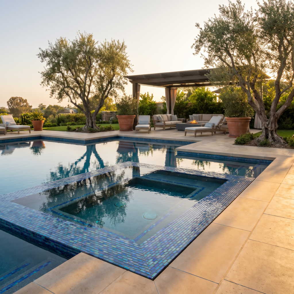 Architectural luxury swimming pool in a San Diego backyard with glass tile waterline, stone coping and limestone decking at golden hour
