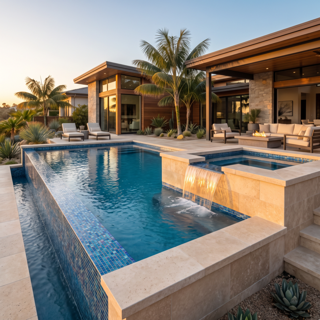 Resort-style luxury pool with glass waterline tile and raised spa in a San Diego backyard at golden hour
