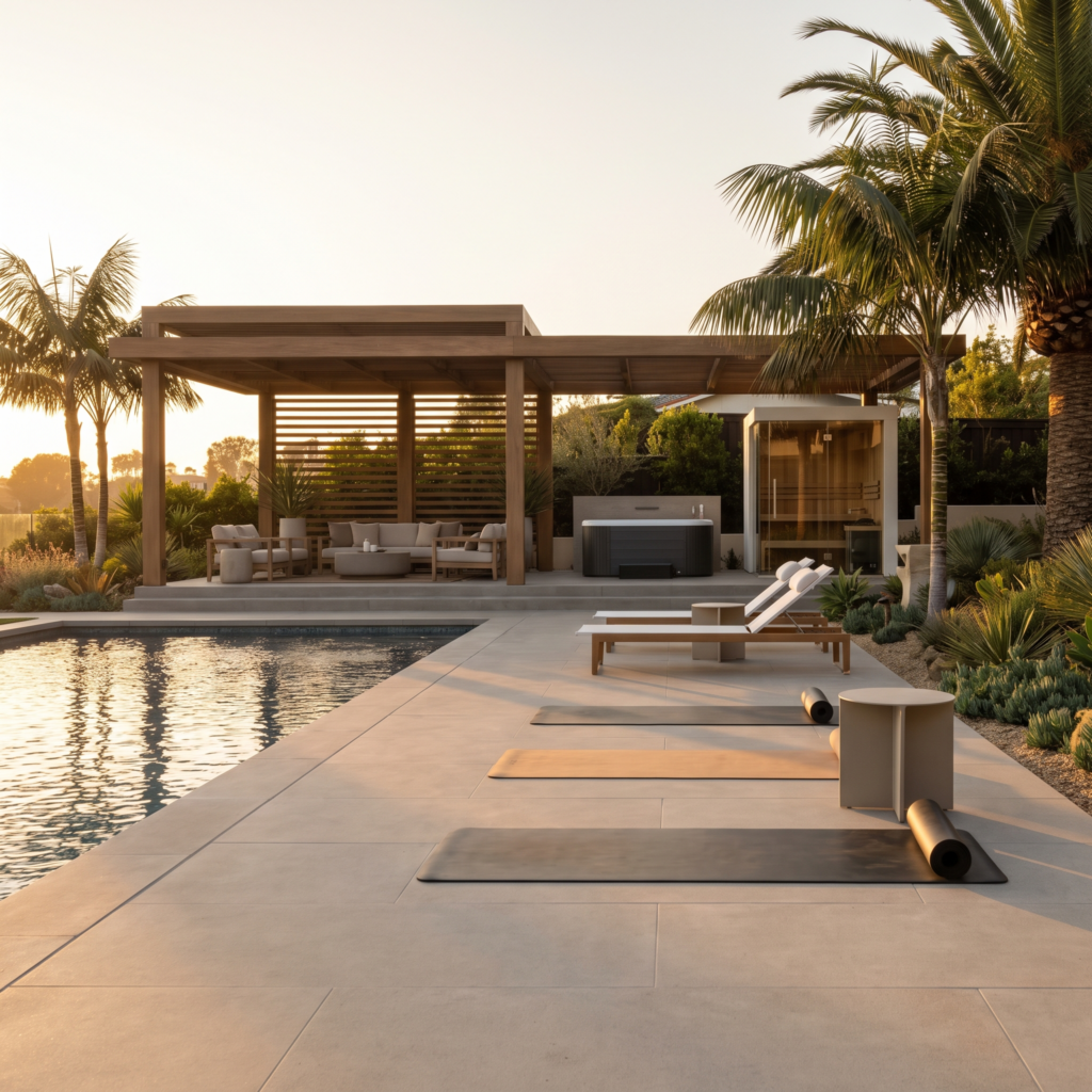Shaded terrace beside a resort-style pool designed for outdoor movement and recovery in a luxury San Diego backyard