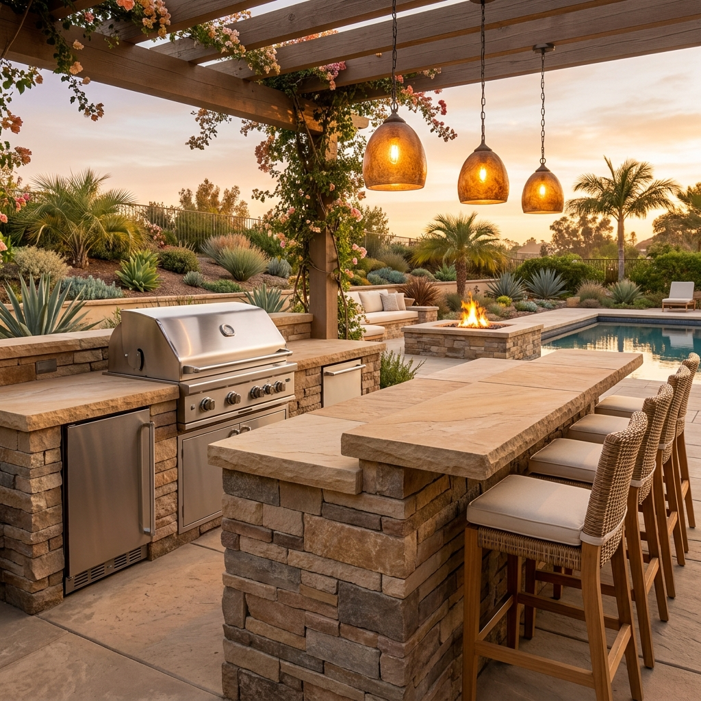 Resort-style outdoor kitchen with built-in grill and stone counters in a San Diego backyard