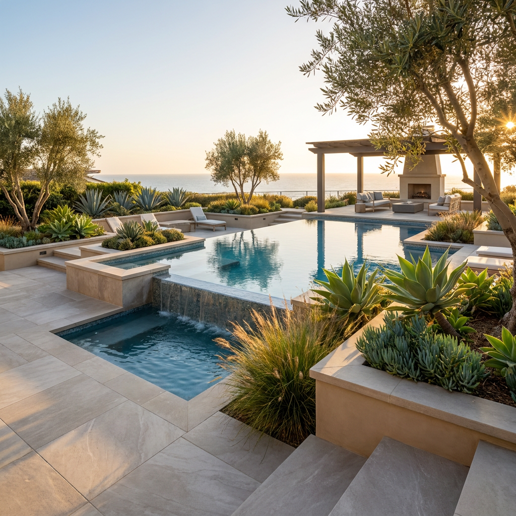 Luxury Carlsbad backyard with a resort-style pool and spillover spa at golden hour