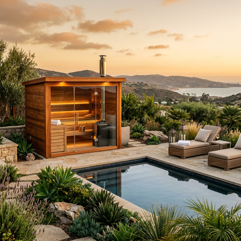 Resort-style outdoor cedar sauna in a luxury San Diego backyard at golden hour