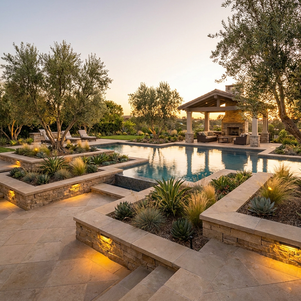Resort-style pool integrated with full landscape design in a luxury San Diego backyard at golden hour