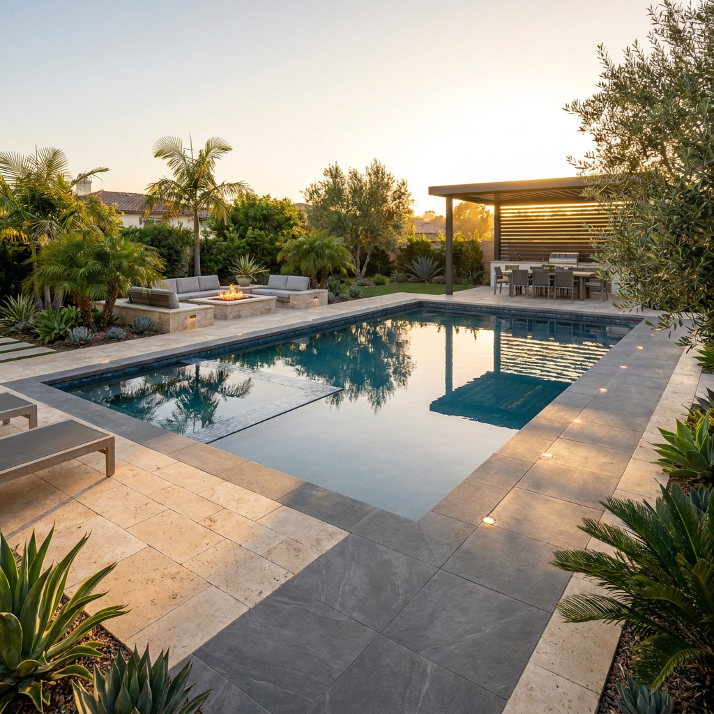 Resort-style pool deck in travertine and porcelain paving in a San Diego backyard at golden hour