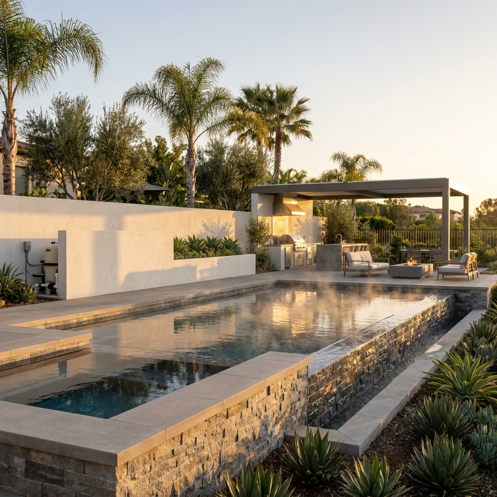 Warm resort-style pool at dusk in a luxury San Diego backyard with steam rising from the water