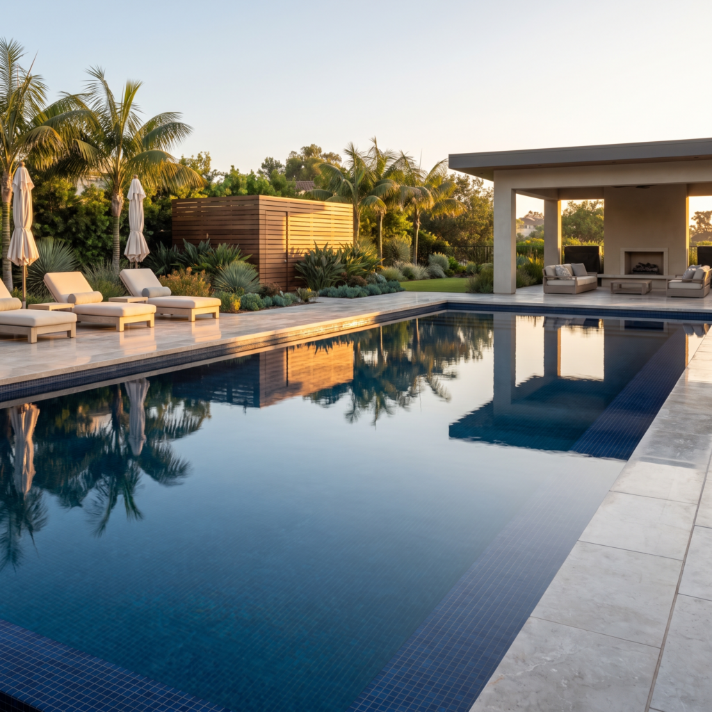 Pristine resort-style pool with clean tile waterline and spotless stone deck in a luxury San Diego backyard