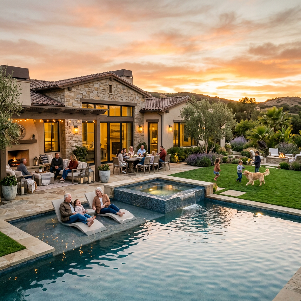 Luxury Poway backyard designed for multigenerational living with a resort-style pool and connected zones at golden hour