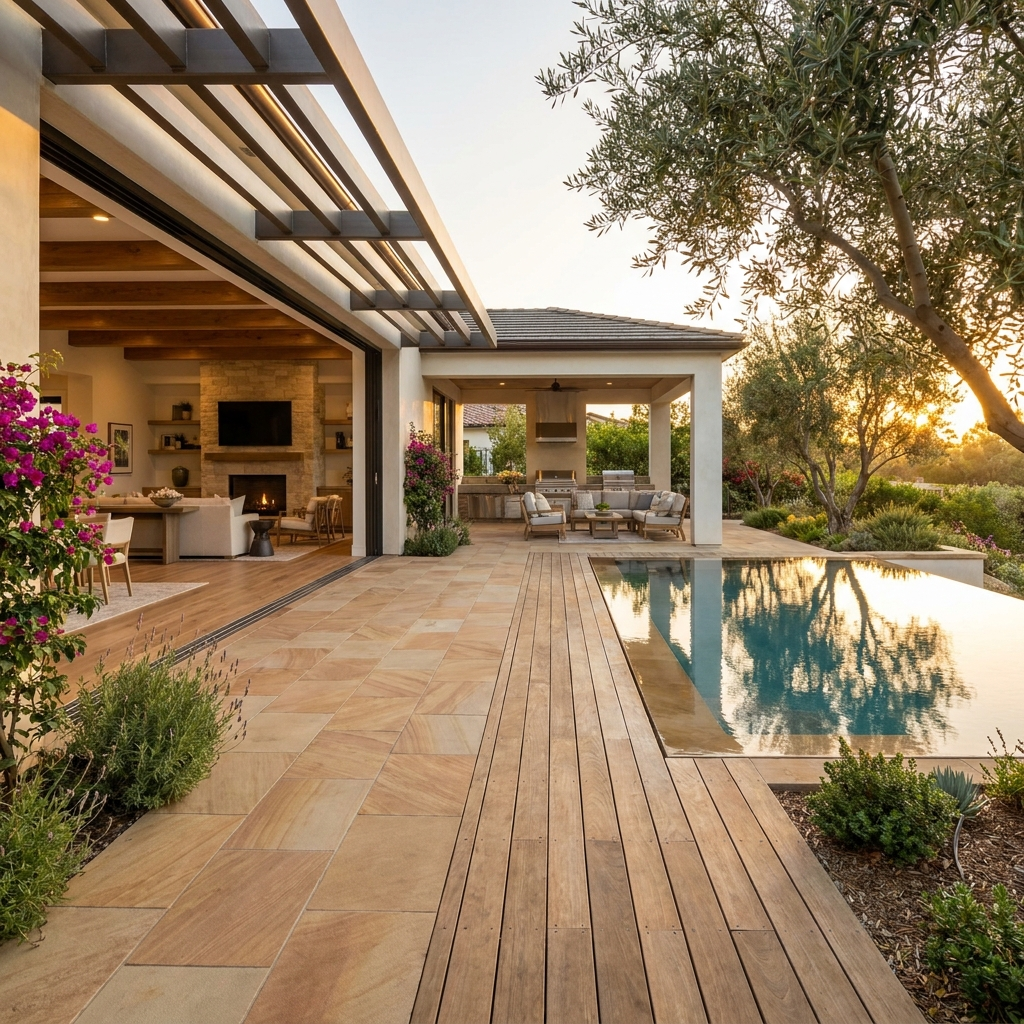 Luxury Rancho Santa Fe backyard designed around indoor-outdoor living with resort-style pool and covered patio