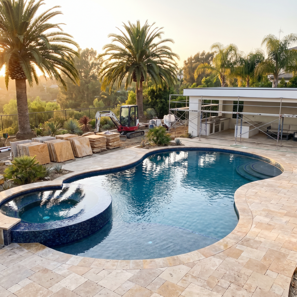 Luxury San Diego backyard with resort-style pool, spa, and travertine patio at golden hour