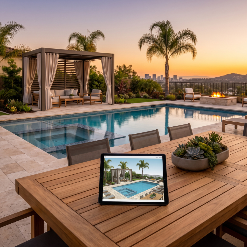 Tablet showing a 3D rendering of a luxury San Diego backyard pool design next to the real backyard