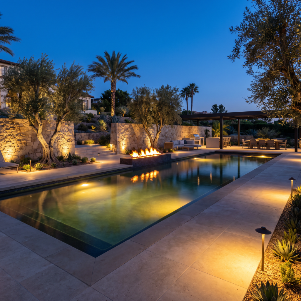 Luxury San Diego backyard at twilight with warm pool lighting, landscape uplighting on olive trees, and a fire feature reflecting on the water