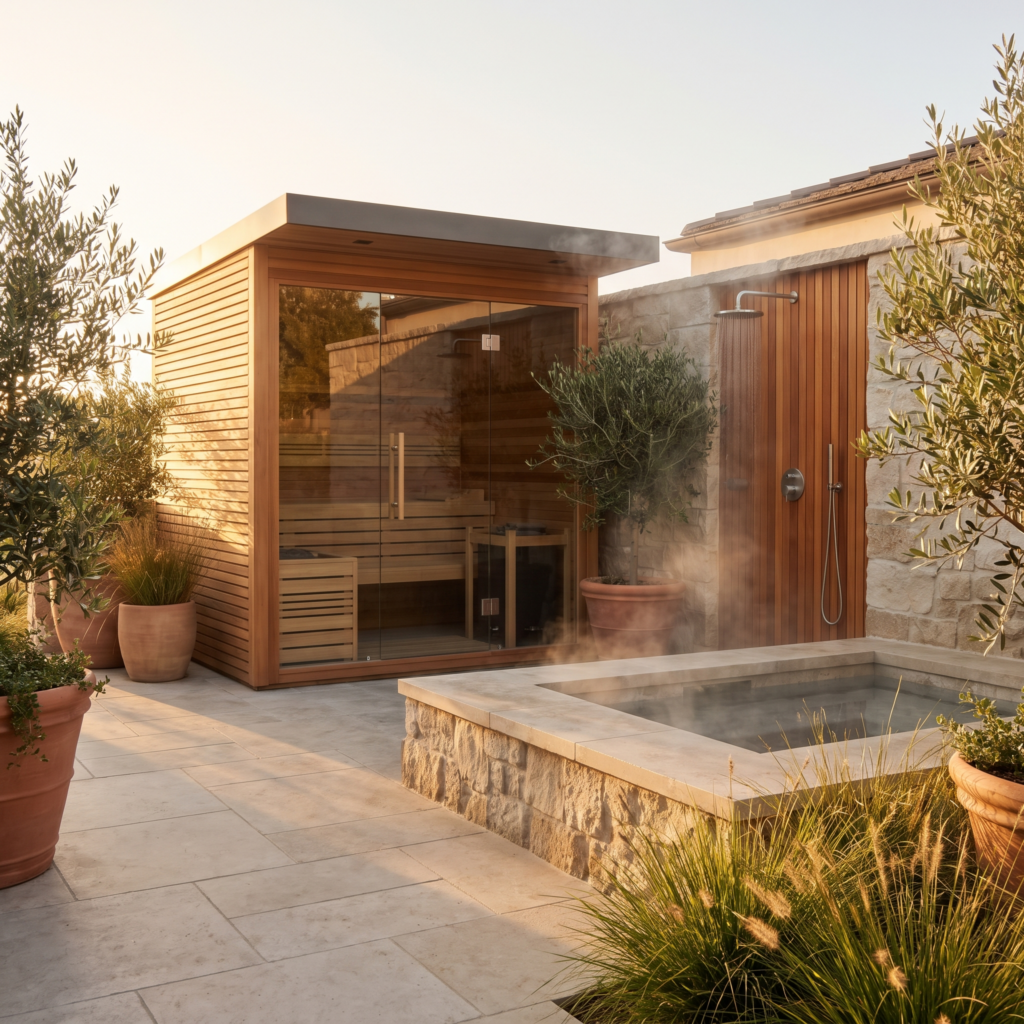 Luxury San Diego backyard wellness suite with modern sauna, sunken stone cold plunge, and outdoor shower at golden hour