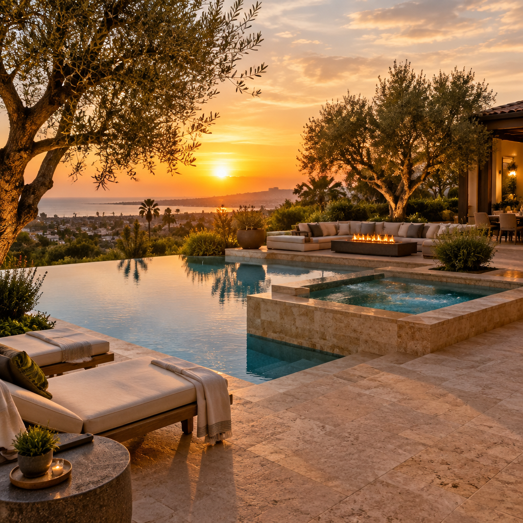 Resort-style San Diego backyard with pool, spa, and stone terrace at golden hour