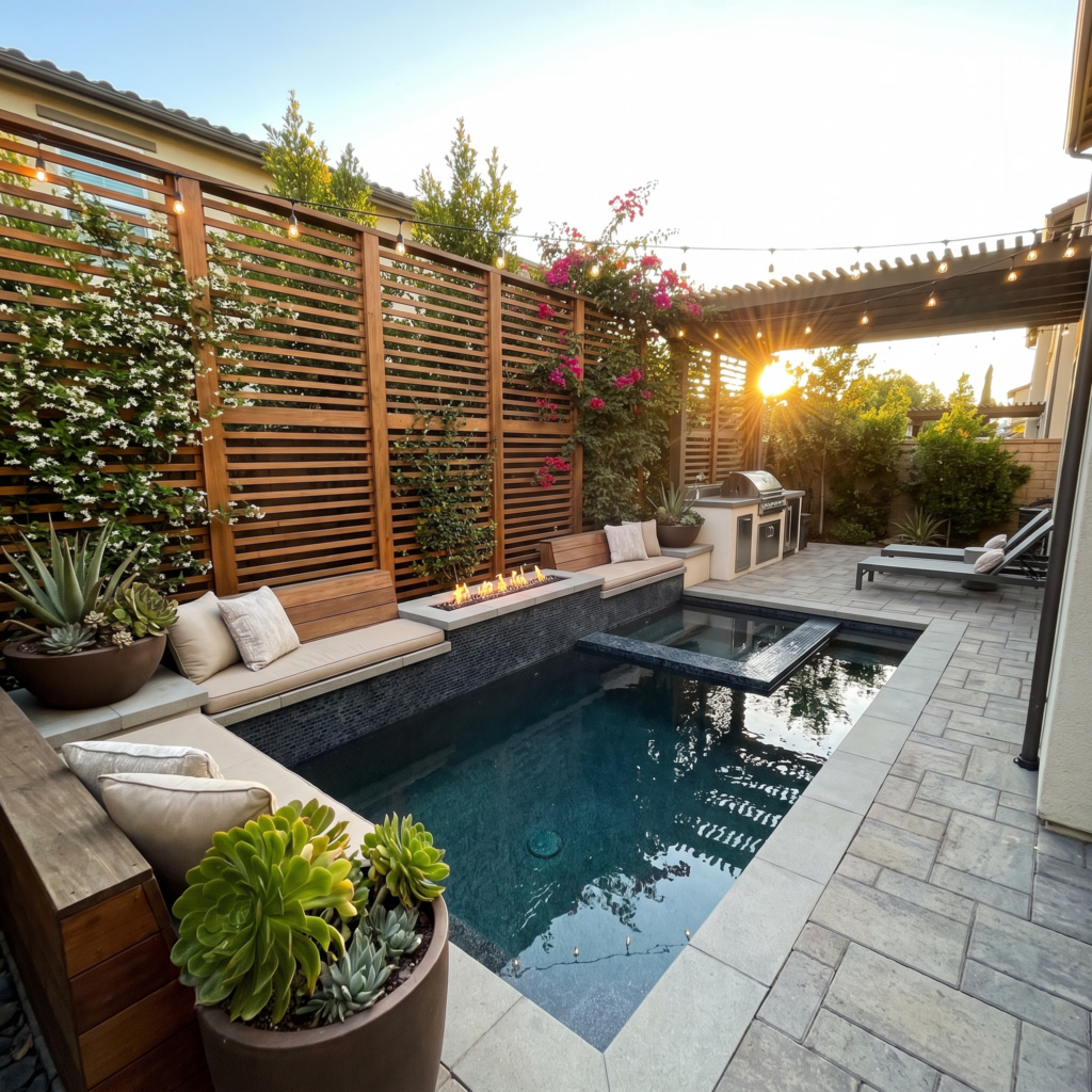Compact Chula Vista backyard with a small resort style pool, raised spa, fire feature and vertical privacy planting at golden hour