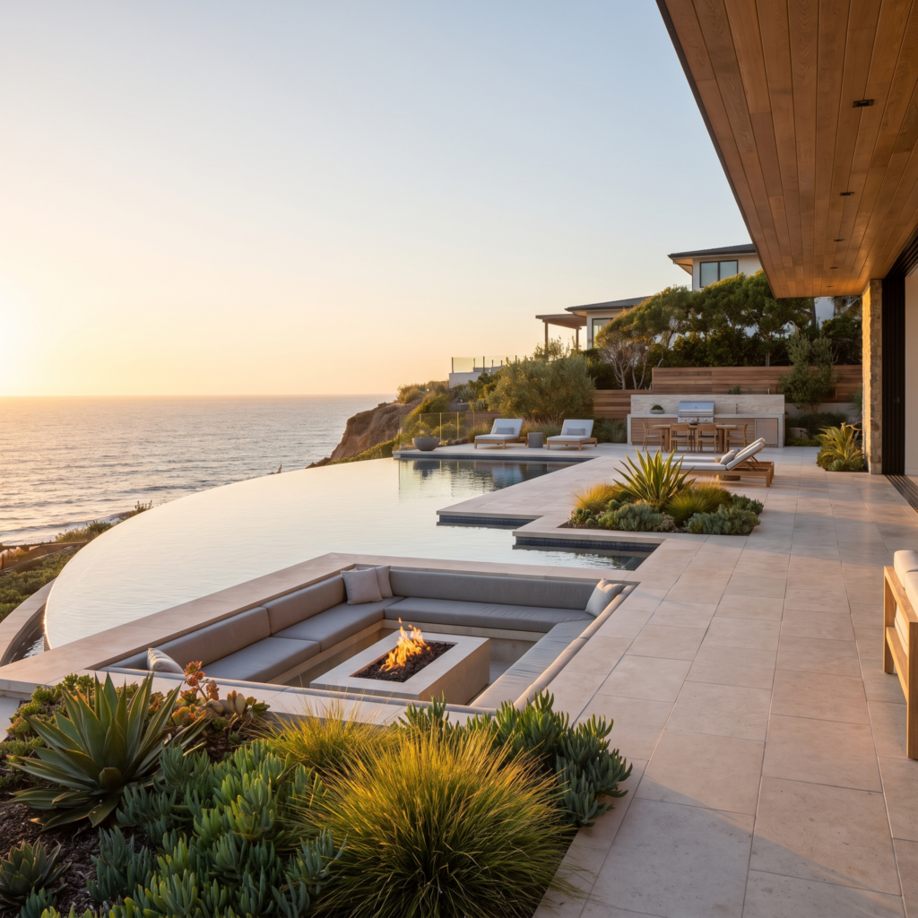 Coastal San Diego backyard with an infinity edge pool overlooking the Pacific Ocean at golden hour