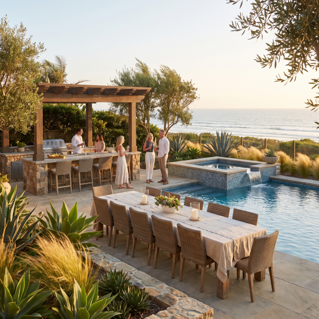 Del Mar backyard with a resort-style pool, raised spa, outdoor kitchen and pergola dining area at golden hour