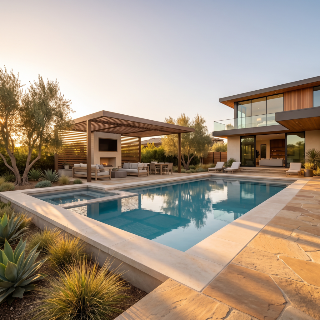Resort-style luxury pool and covered lounge in a San Diego backyard at golden hour