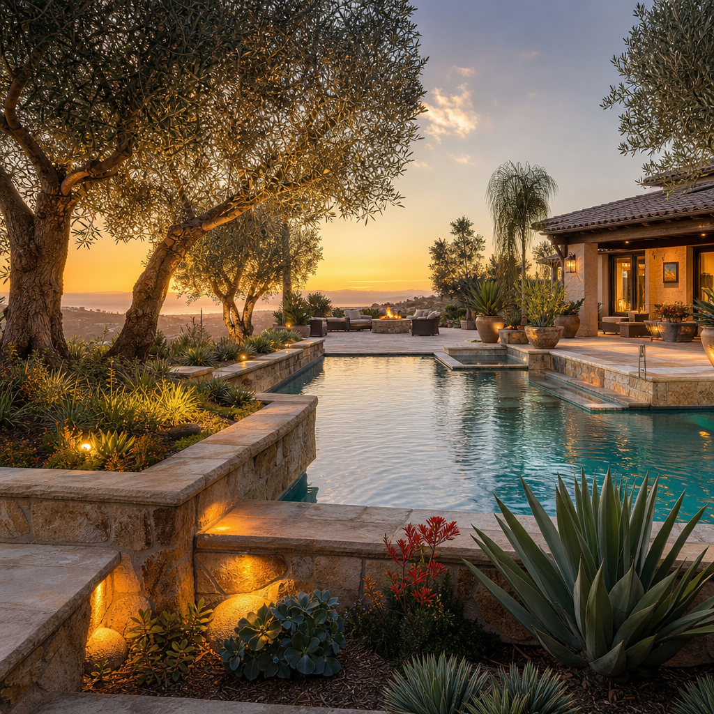 Luxury Encinitas backyard with a resort-style pool and stone terrace designed around mature olive trees at golden hour
