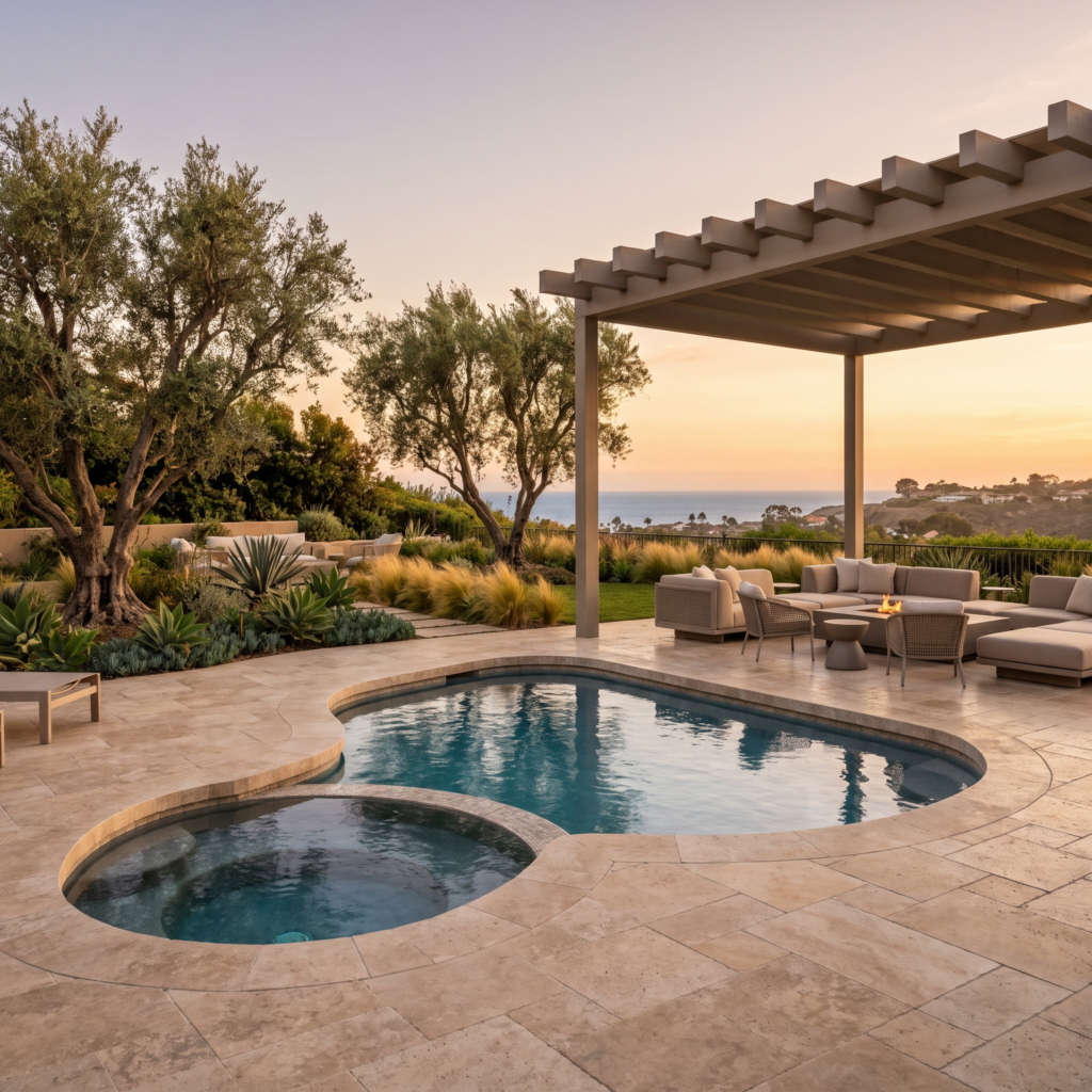 Resort-style backyard remodel in Encinitas with a custom pool, travertine deck, and coastal landscaping at golden hour