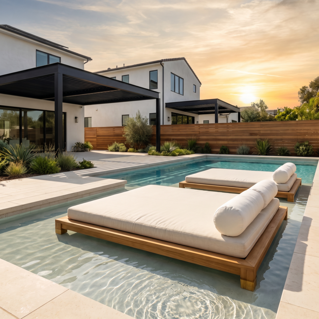 Two teak in-pool daybeds with cream cushions on a shallow tanning shelf in a modern San Diego backyard pool at golden hour