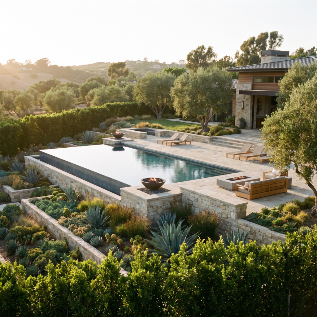 Rancho Santa Fe estate backyard with olive trees, stone terrace, and layered drought tolerant planting at golden hour