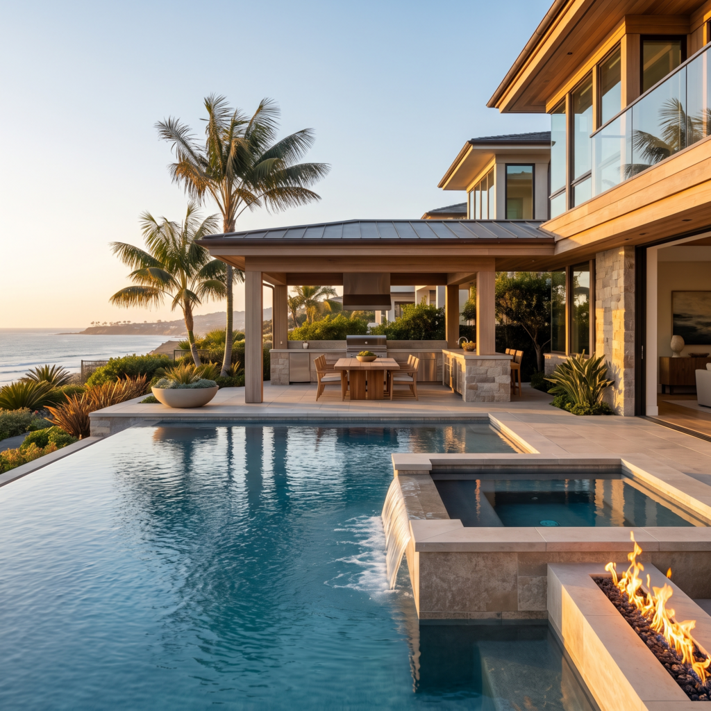 Luxury Del Mar backyard with a resort-style pool, raised spa, fire feature, and covered outdoor kitchen at golden hour