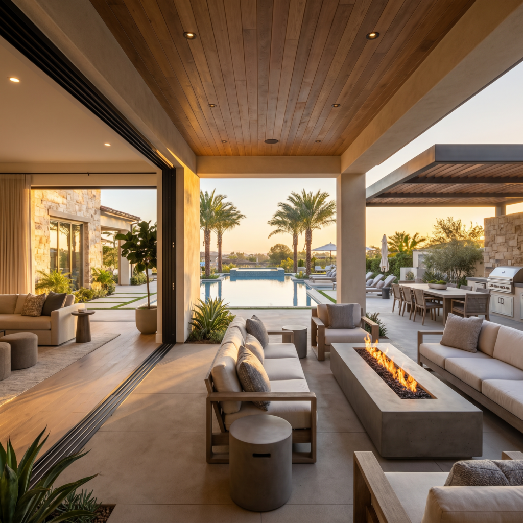 San Diego luxury backyard with open glass doors connecting the interior to a covered outdoor lounge and pool at golden hour