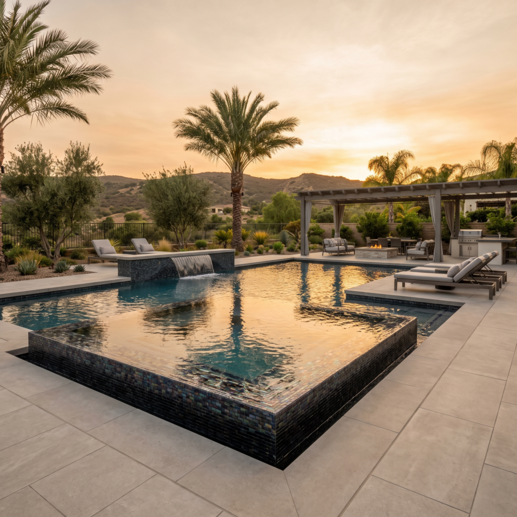 Resort-style luxury pool with perimeter overflow edge, glass waterline tile and porcelain paver deck in a San Diego backyard at golden hour