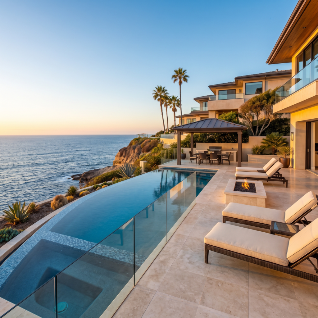 Luxury La Jolla backyard with an infinity edge pool overlooking the Pacific Ocean at golden hour