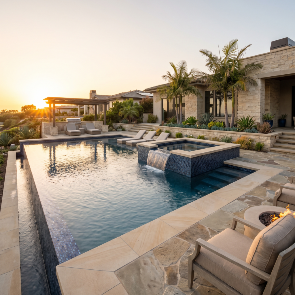 Luxury San Diego pool with perimeter overflow edge, glass mosaic waterline tile and raised spa at golden hour