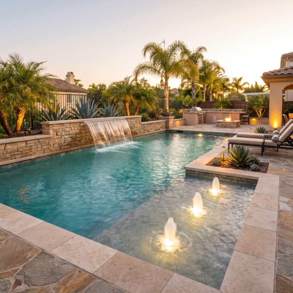 Resort-style San Diego pool with a sheer descent waterfall and bubblers on the tanning ledge at golden hour