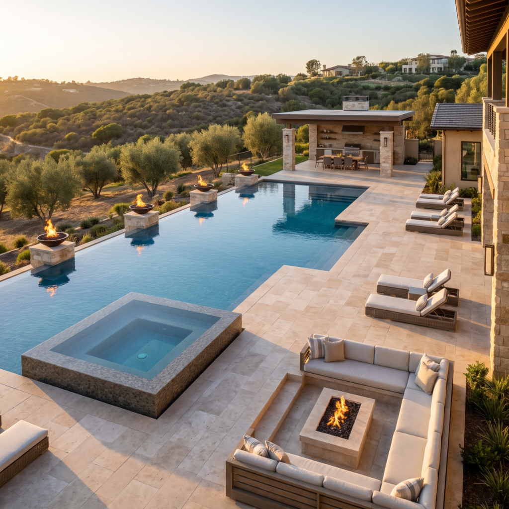 Resort style pool and travertine patio on a large Poway backyard lot at golden hour