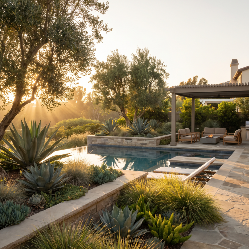 Luxury San Diego backyard with layered drought tolerant planting, olive trees, agave and ornamental grasses framing a modern pool