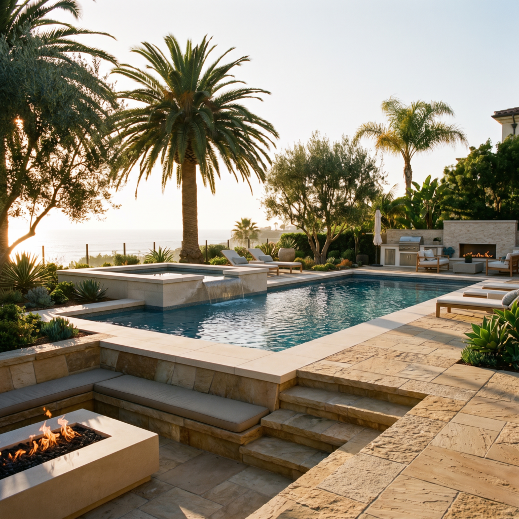 Luxury San Diego backyard with a resort-style pool, raised spa and fire feature at golden hour