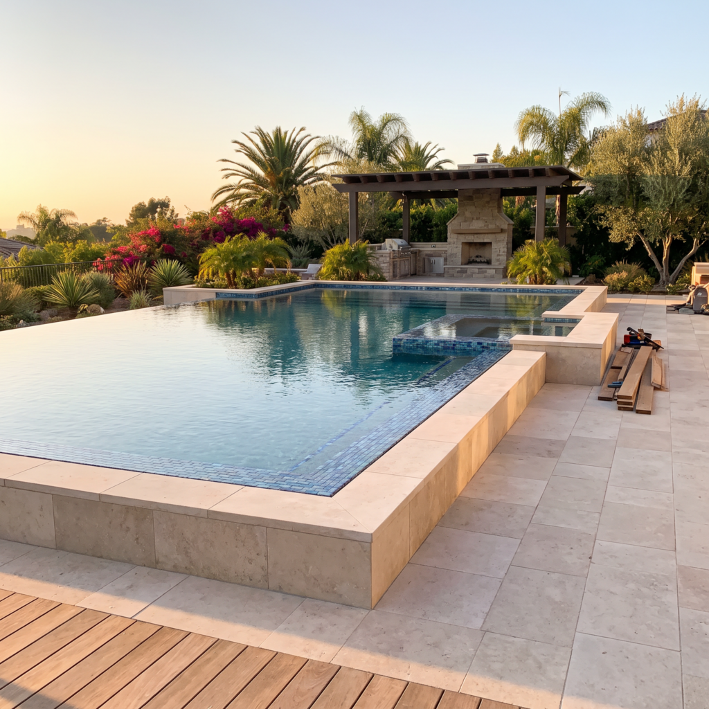 Resort-style San Diego backyard pool at golden hour, built by a licensed and insured pool contractor