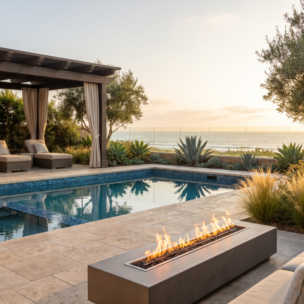 Luxury Solana Beach backyard with resort-style pool, fire feature and coastal planting at golden hour