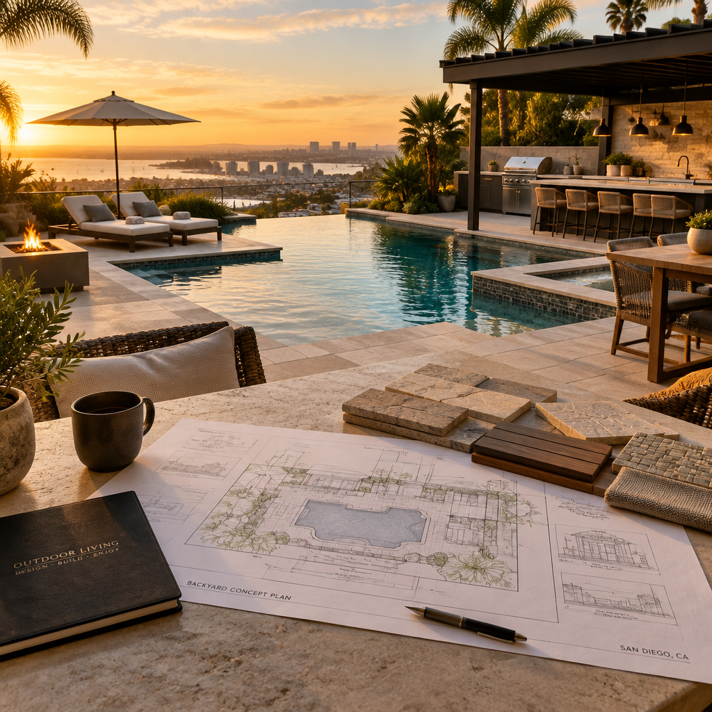 Luxury San Diego pool terrace with design plans and material samples at golden hour