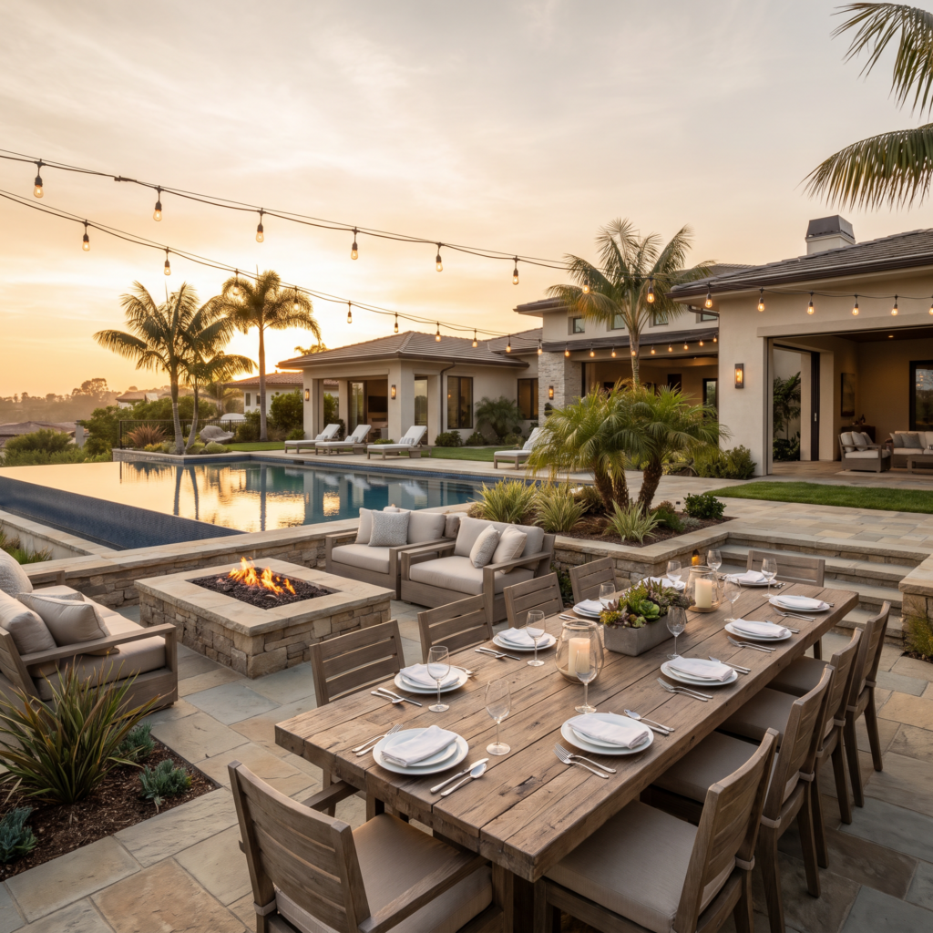 Resort-style San Diego backyard set for entertaining with dining table, fire feature and pool at golden hour