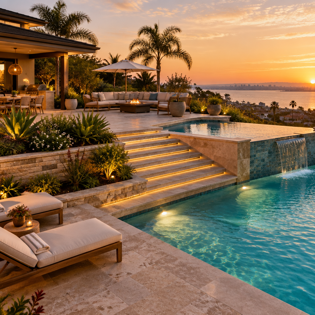 Luxury Carlsbad backyard with a stepped travertine terrace, pool, and planted edges at golden hour